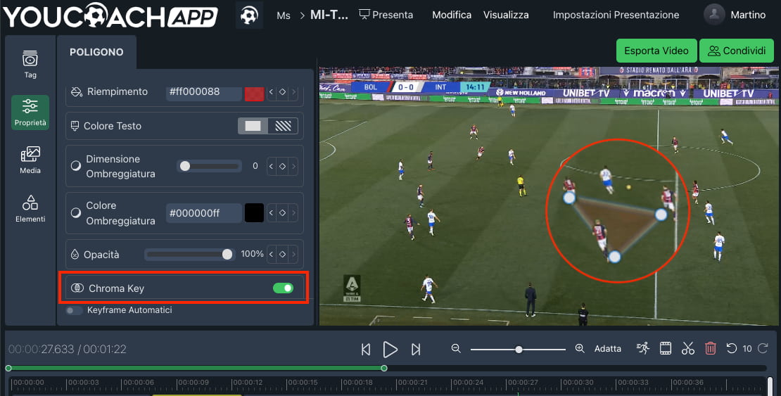 YouCoachApp Video Analysis: il Chroma Key appiattisce gli elementi grafici sul livello del campo YouCoachApp Video Analysis: il Chroma Key appiattisce gli elementi grafici sul livello del campo