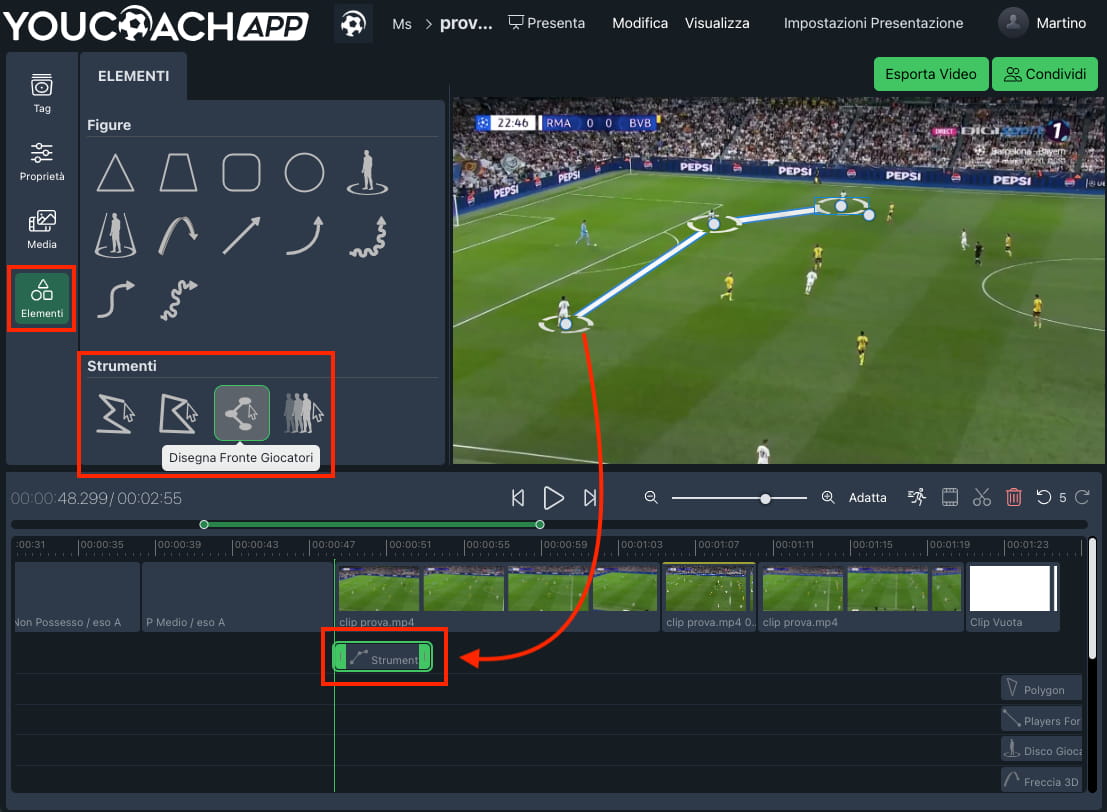 YouCoachApp Video Analysis: ogni volta che inserisci una figura, uno strumento o un componente, questo appare nella timeline. YouCoachApp Video Analysis: ogni volta che inserisci una figura, uno strumento o un componente, questo appare nella timeline.